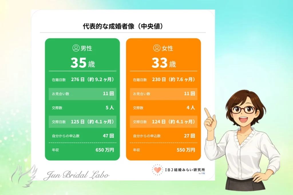 IBJ成婚白書データの代表的な成婚者像を解説する神戸の婚活カウンセラーのイラスト