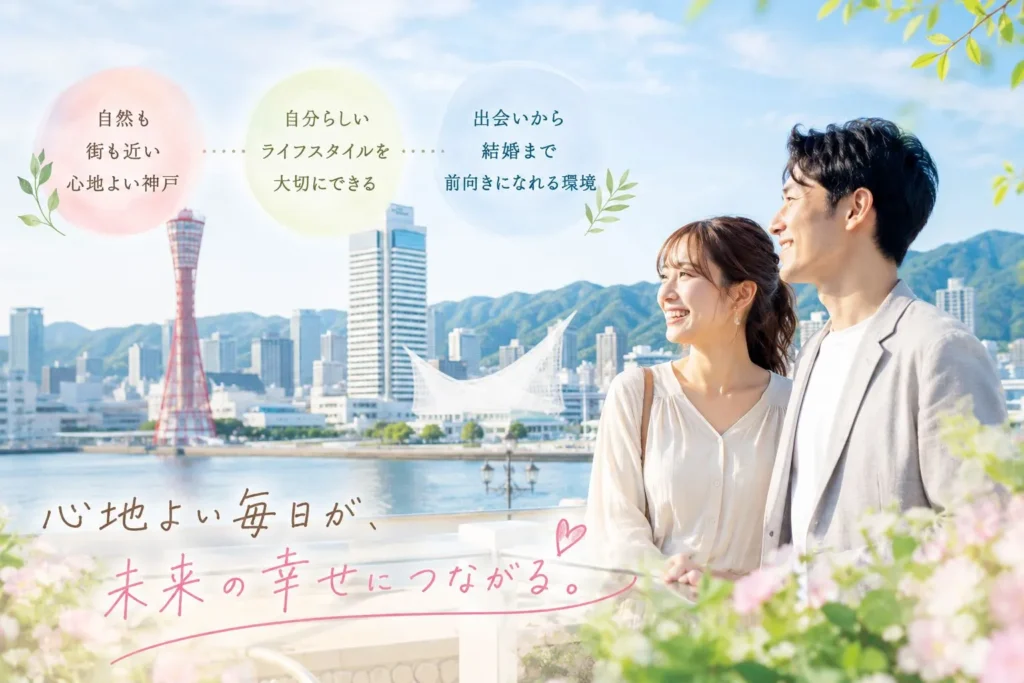 神戸の婚活デートで結婚後の未来を語り合う30代の真剣交際中のカップル