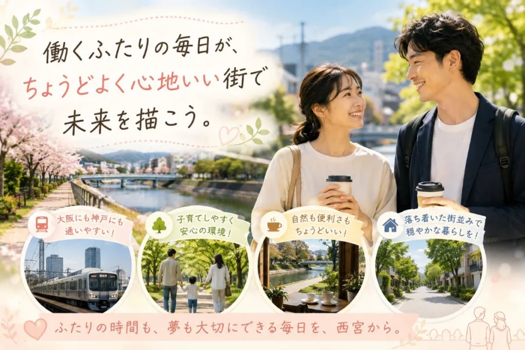 西宮の夙川を散歩しながら結婚後の共働きでの将来の夢を語り合う真剣交際中のカップル