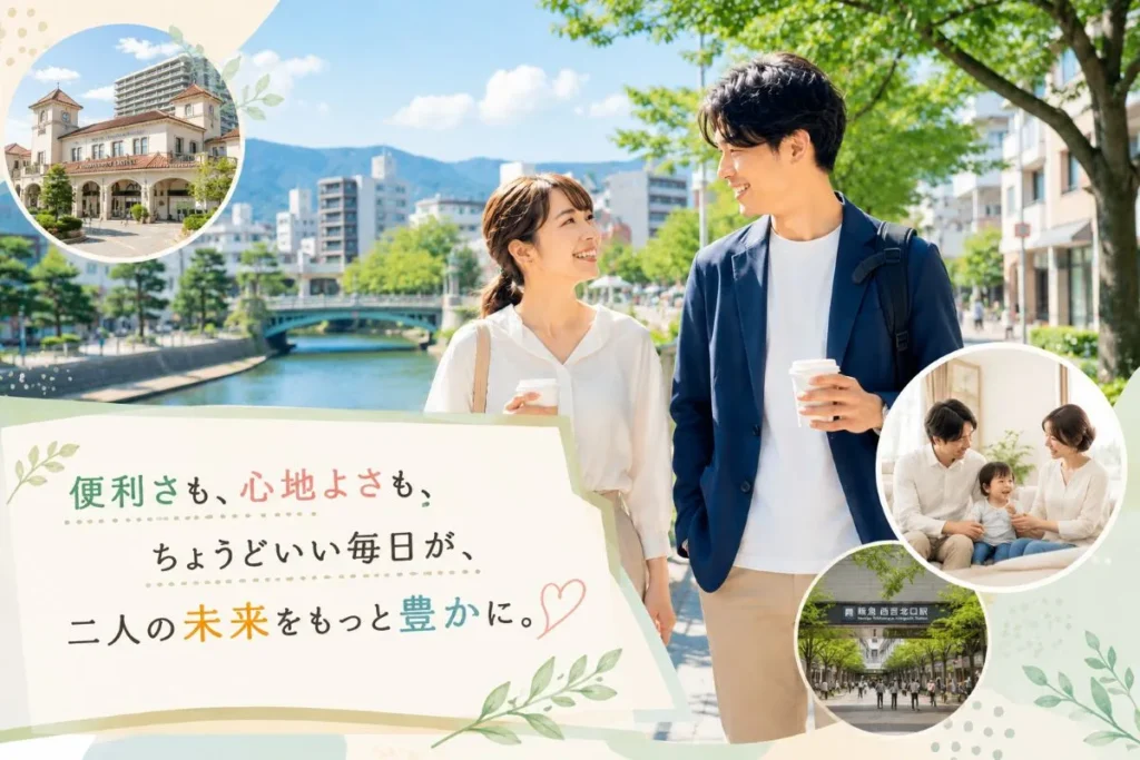 西宮の川辺を散歩しながら結婚後の未来を語り合う真剣交際中のカップル